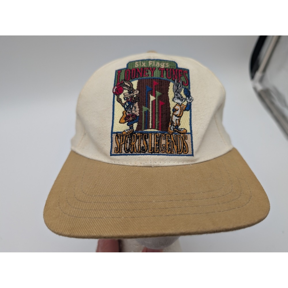 Vintage Six Flags Looney Tunes Sports Legends Hat Bugs Bunny Taz Cream Tan Cap